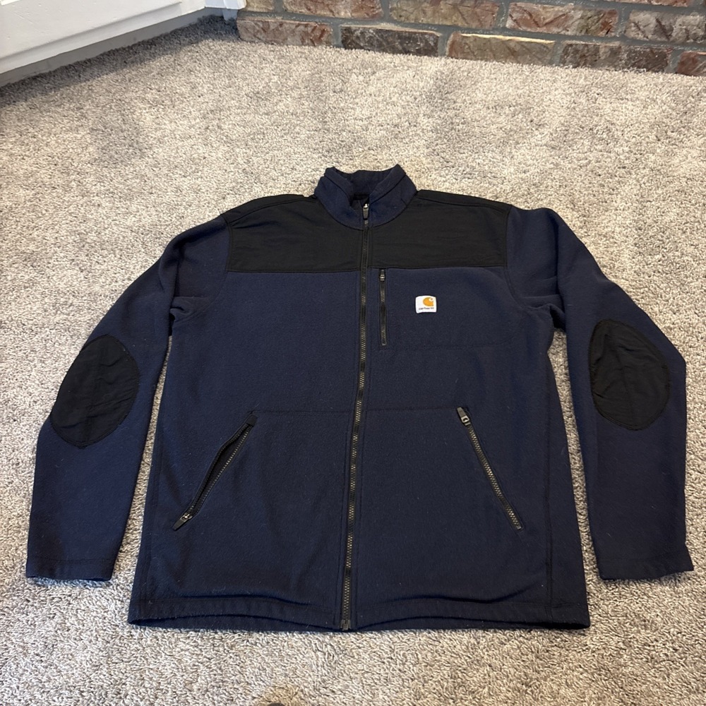 Men's Large Carhartt 102838 412 Full Zip Up Sweater Fleece Two Tone Blue Black
